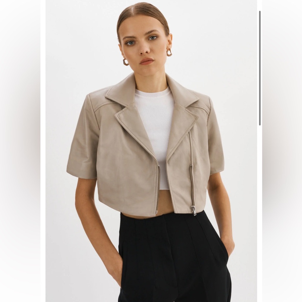 Lamarque Taupe Stone Naeva Cropped Genuine Leather Jacket NWT small